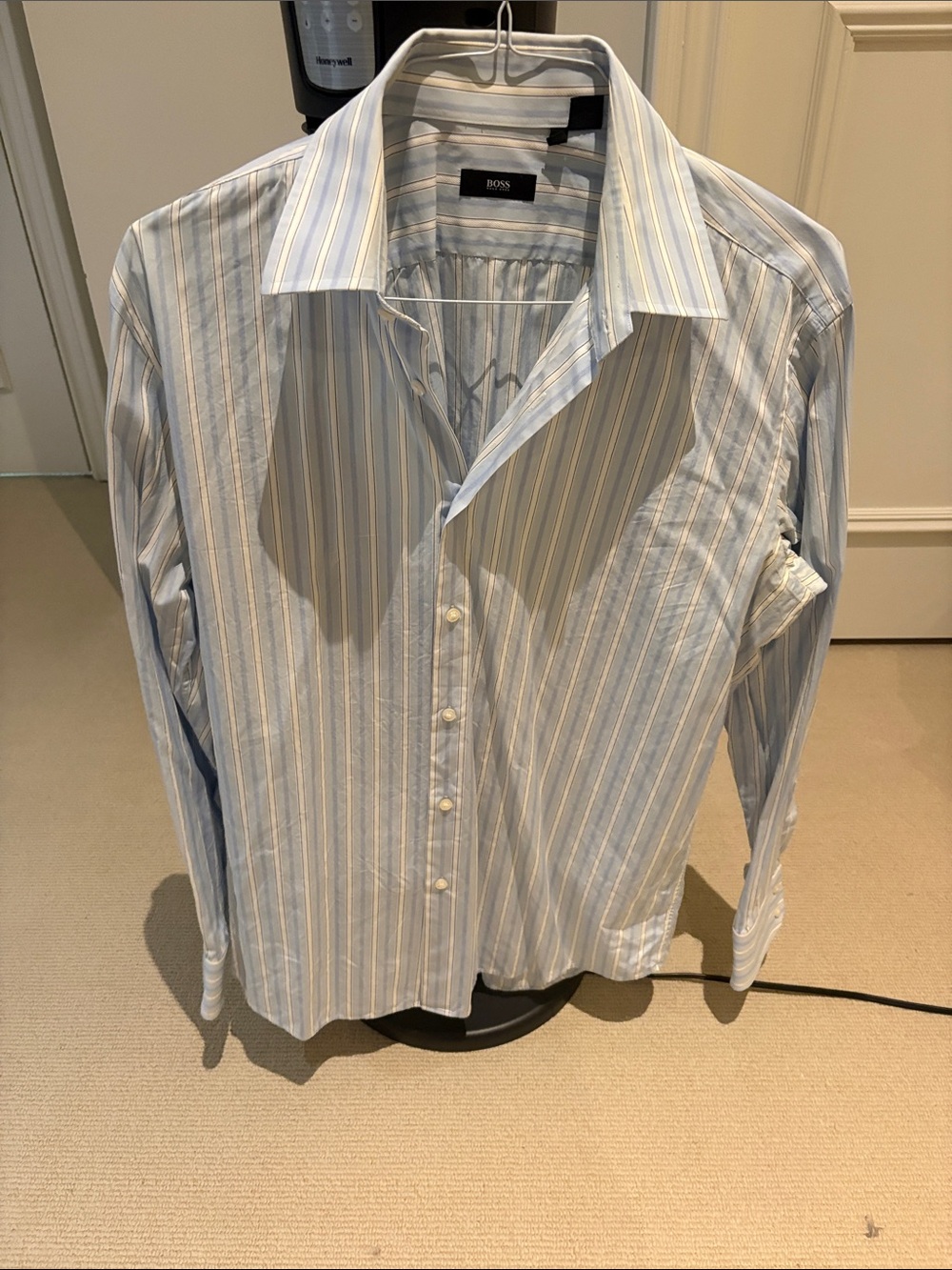 Boss Light Blue and White Striped Dress Shirt